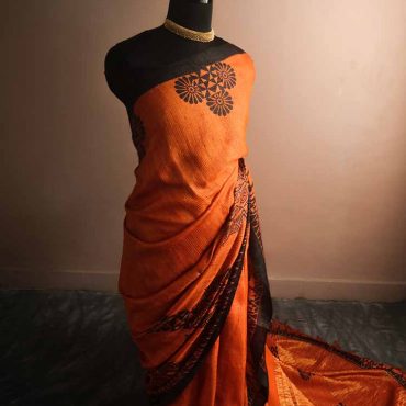 Pure Handloom Hand Block Printed Line Tussar ilk Saree