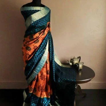 Kantha Pure Dupion Silk Saree in Navy Blue : SXTA3167