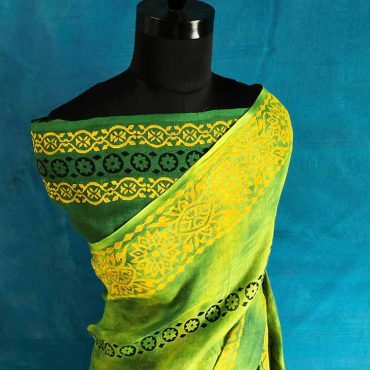 Pure Hand Block Pigment Printed olive green Linen Saree