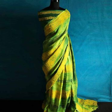 Pure Hand Block Pigment Printed olive green Linen Saree