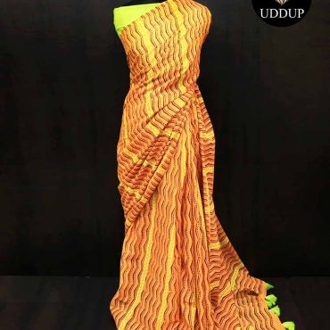 Orange Hand  Block Printed Mul Cotton Saree