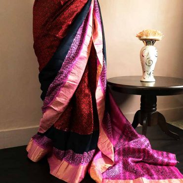 Pure Hand Block Printed Duppion Silk Saree