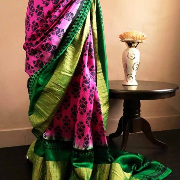 Pure Hand Block Printed Duppion Silk Saree