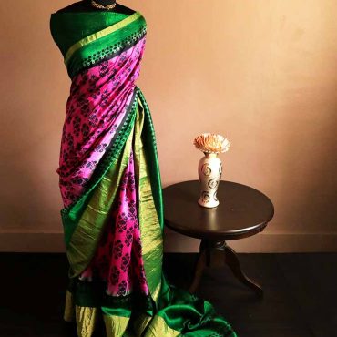 Pure Hand Block Printed Duppion Silk Saree