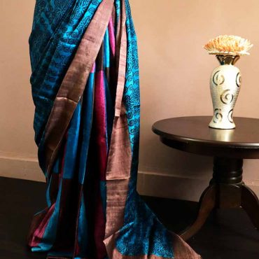 Pure Block Printed Desi Tussar Silk Saree