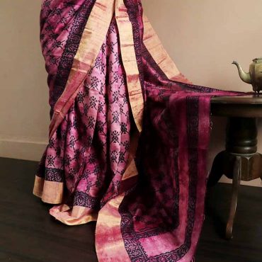 Pure Hand Block Printed Duppion Silk Saree