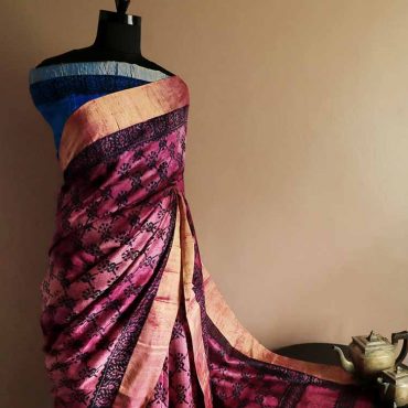 Pure Hand Block Printed Duppion Silk Saree