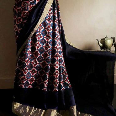 Pure Hand Block Printed Duppion Silk Saree