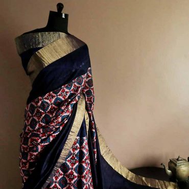 Pure Hand Block Printed Duppion Silk Saree