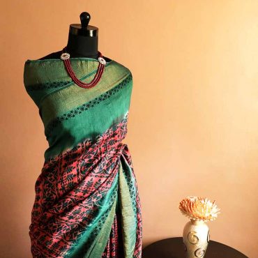 Pure-Loomed Pink and Green Munga Silk Saree