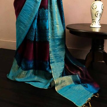 Pure-Loomed Red and Blue Munga Silk Saree