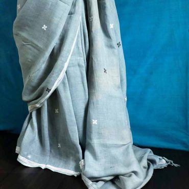 Hand Block Pigment Printed Grey Pure Linen Saree