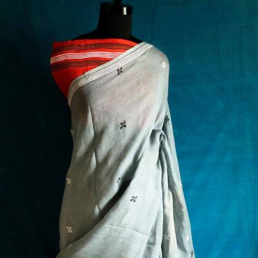 Hand Block Pigment Printed Grey Pure Linen Saree