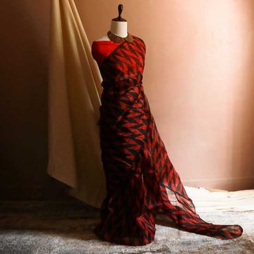 Pure Red Organza Saree with Black hand block Prints