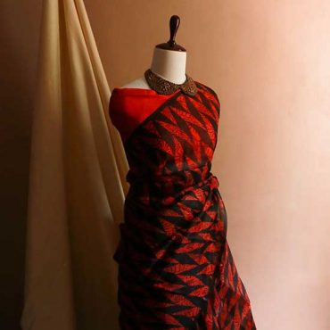 Pure Red Organza Saree with Black hand block Prints