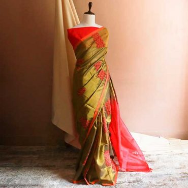 Pure Handloom Olive Green and Orange Silk Cotton Saree