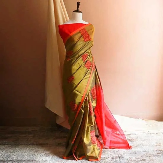 Pure Handloom Olive Green and Orange Silk Cotton Saree - Image 2