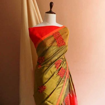 Pure Handloom Olive Green and Orange Silk Cotton Saree