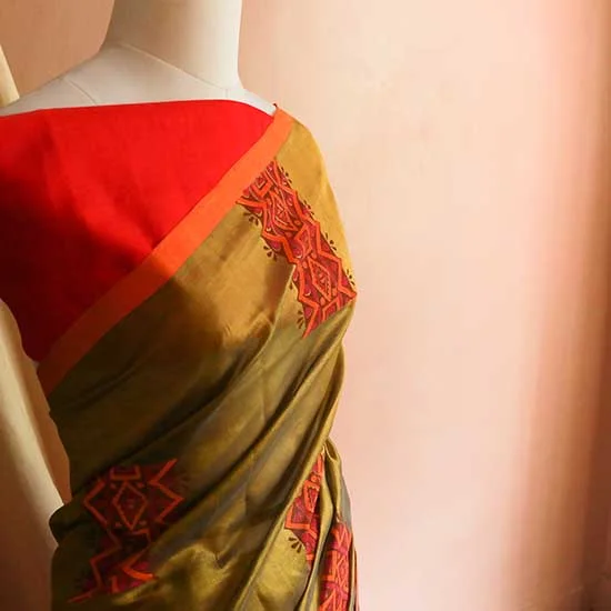Pure Handloom Olive Green and Orange Silk Cotton Saree - Image 4