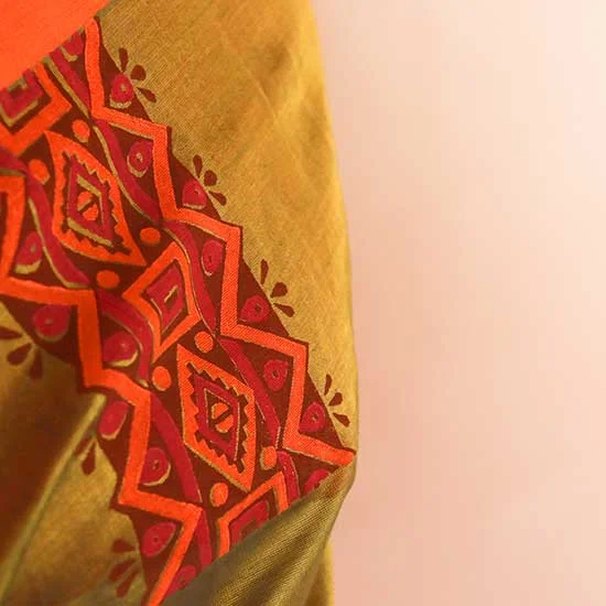 Pure Handloom Olive Green and Orange Silk Cotton Saree - Image 5