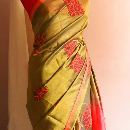 Pure Handloom Olive Green and Orange Silk Cotton Saree - Image 6