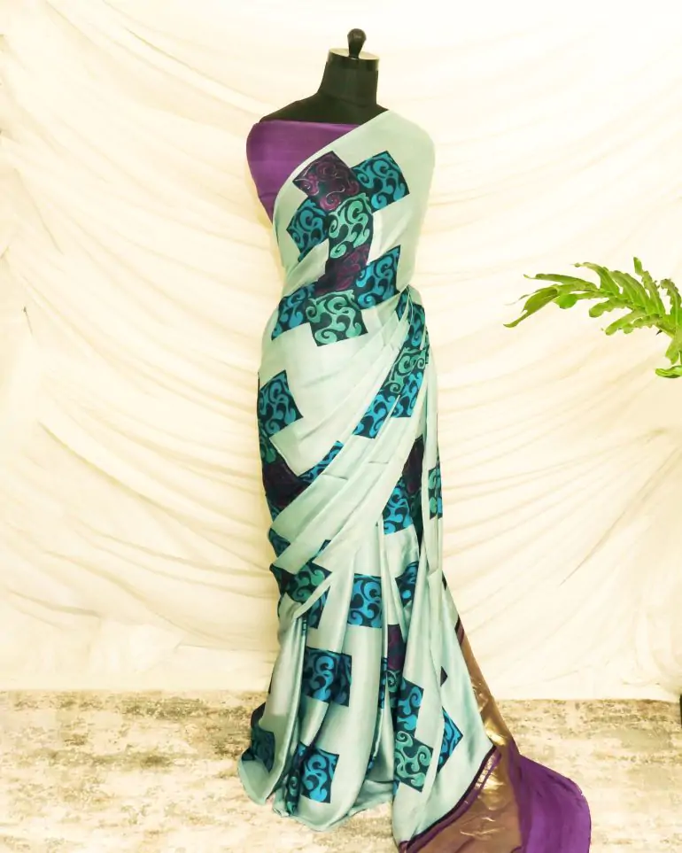 Pure Hand-Printed light Pista green Modal Silk Saree - Image 2