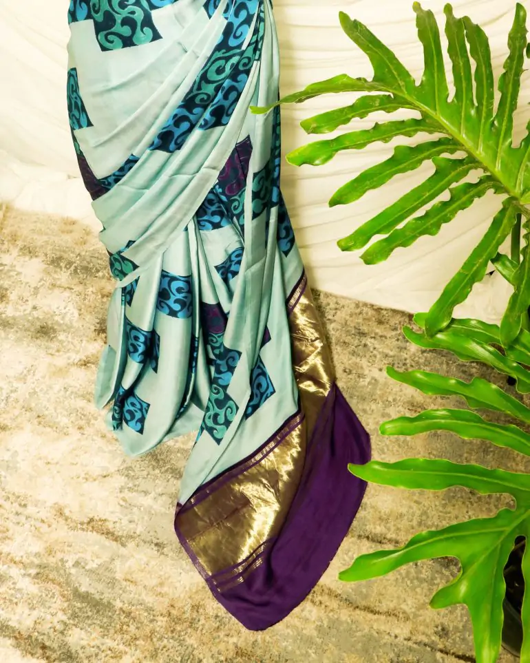 Pure Hand-Printed light Pista green Modal Silk Saree - Image 3