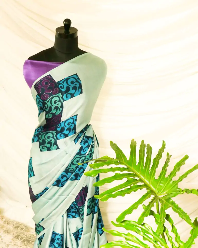 Pure Hand-Printed light Pista green Modal Silk Saree - Image 4