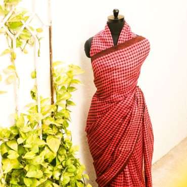 Pure Handloom Pink and Brown Printed Linen  Saree