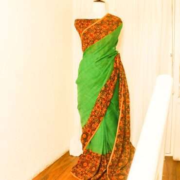 Pure Green with Orange Handloom Linen Sarees