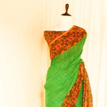 Pure Green with Orange Handloom Linen Sarees