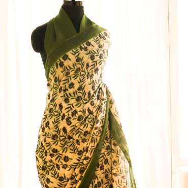 Pure Handloom Olive Green Designer linen sarees