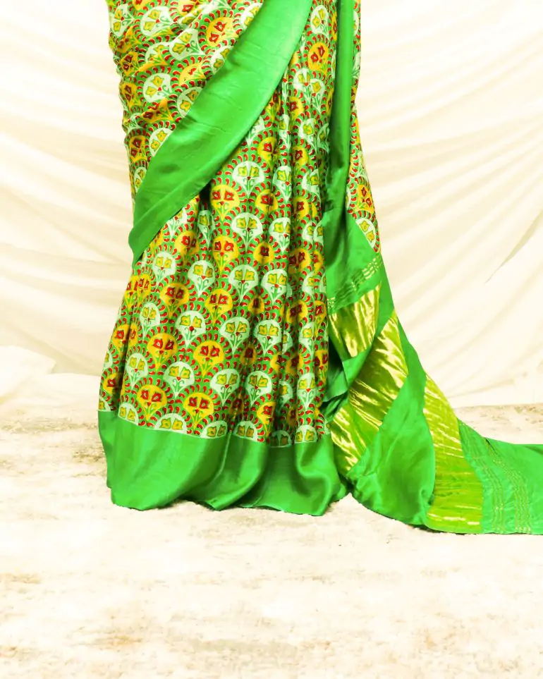 Pure Handloom Parakeet Green Gaji Silk Saree - Image 3