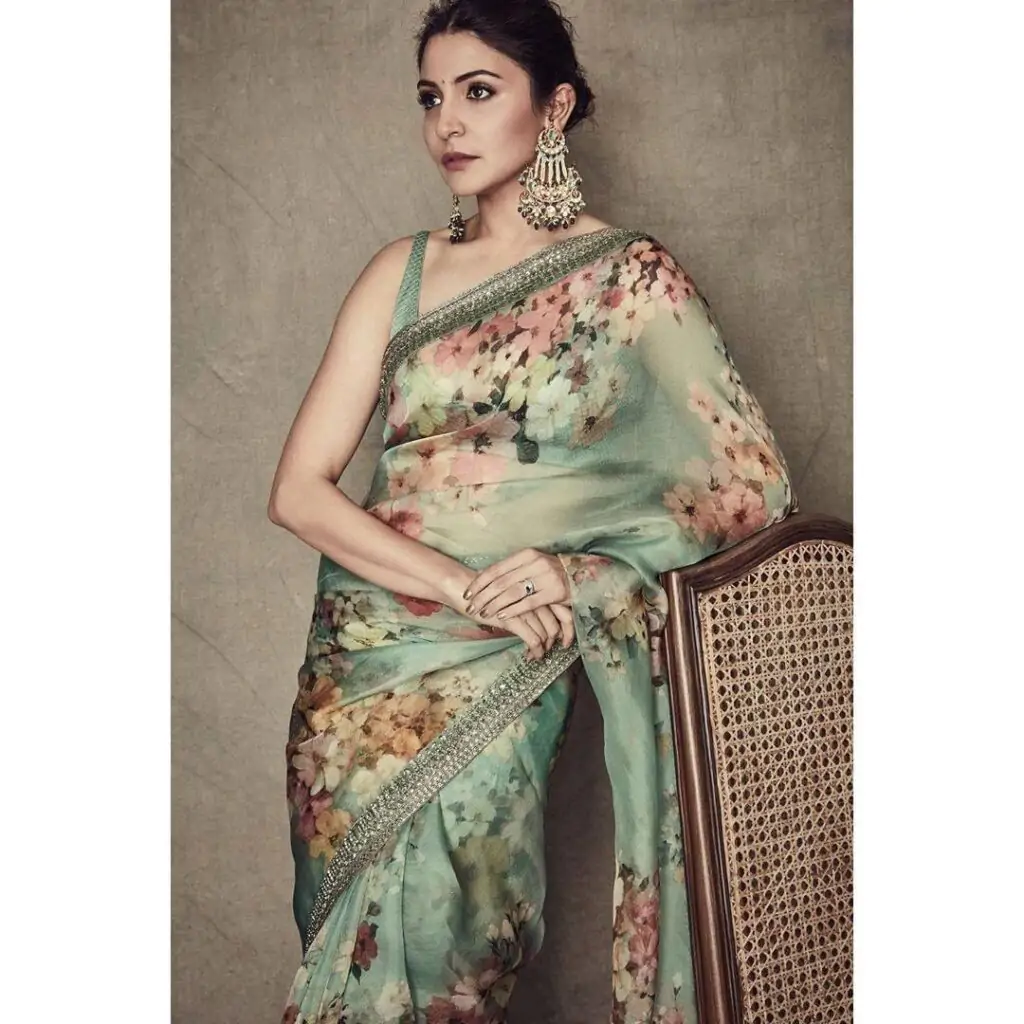 Hollywood Celebrity Anushka Sharma in Organza Saree with a perfect blouse style