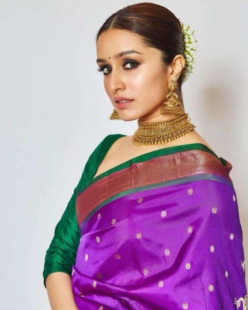 Purple Saree with Contrast Blouse in Green by Shraddha Kapoor