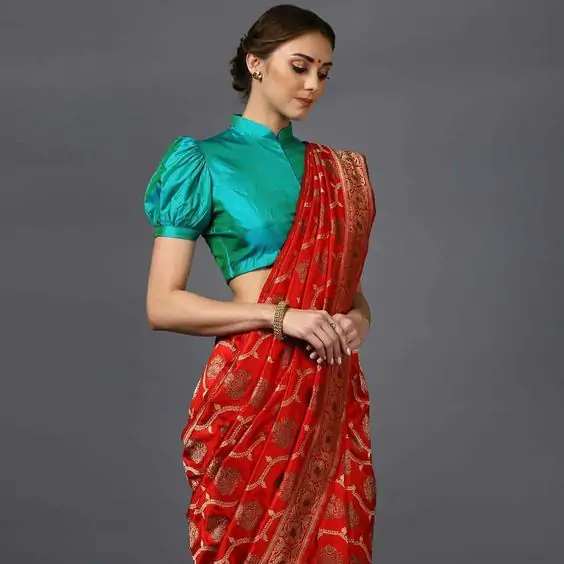 Cotton Silk Saree Golden multi peacock weaving border contrast blouse