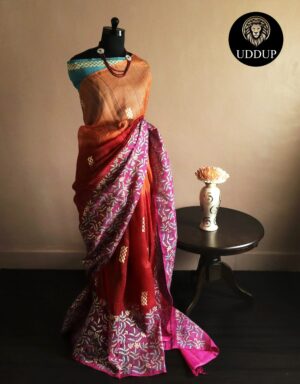 Pure Hand block Printed Red Line Tussar Saree