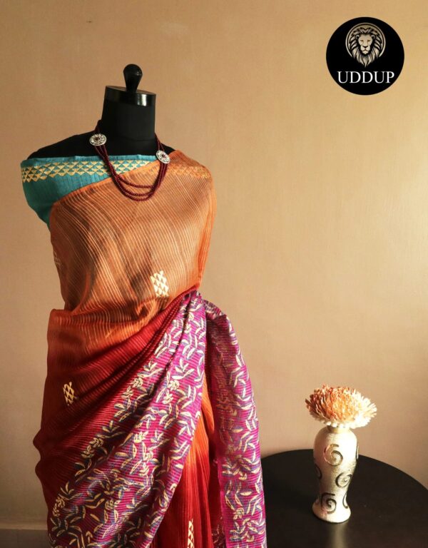 Pure Hand block Printed Red Line Tussar Saree