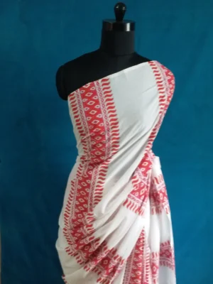 White linen saree with pink prints- Handloom Linen Saree