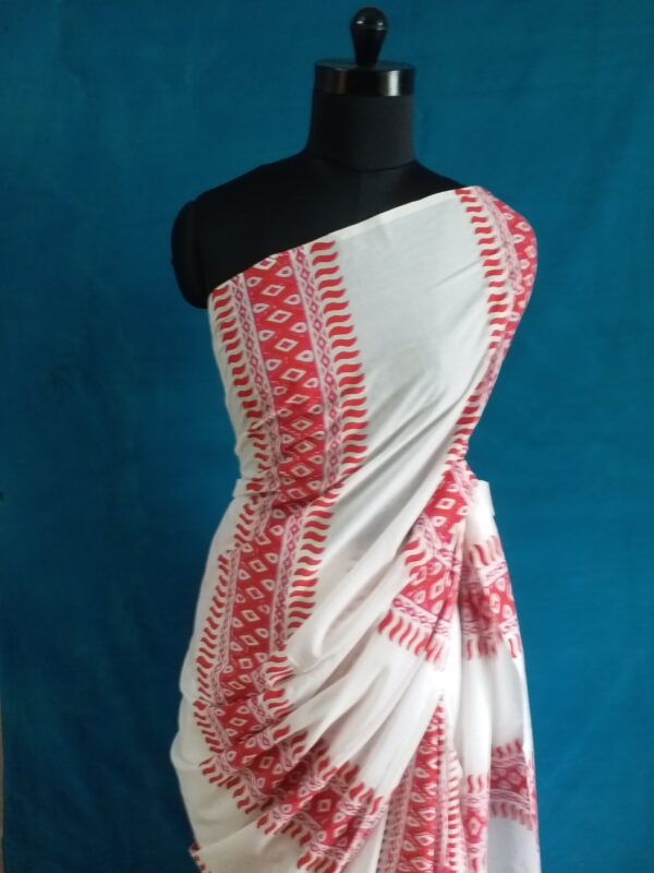 White linen saree with pink prints- Handloom Linen Saree
