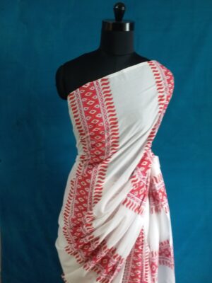 White handloom linen saree with pink and red vertical prints