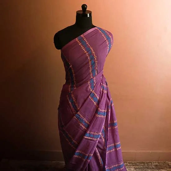 Purple colour designer block printed Mul Cotton saree