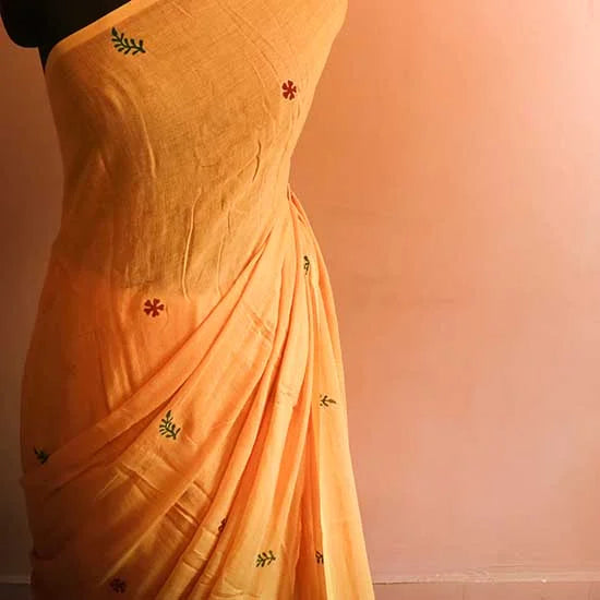 Mustard colour Pure Designer Mul cotton saree