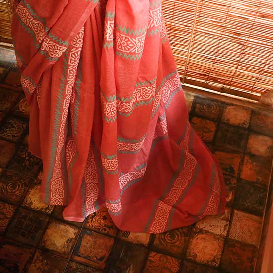 Peach colour designer Mul cotton saree
