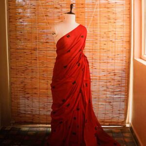 Red colour designer Mul cotton saree