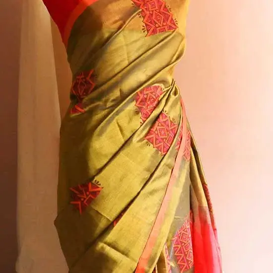 75_jpg Pure Handloom Olive Green and Orange Silk Cotton Saree