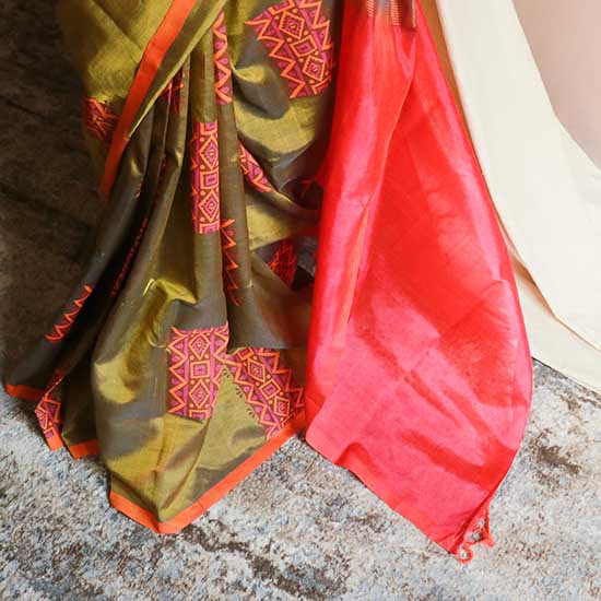 Pure Handloom Olive Green and Orange Silk Cotton Saree