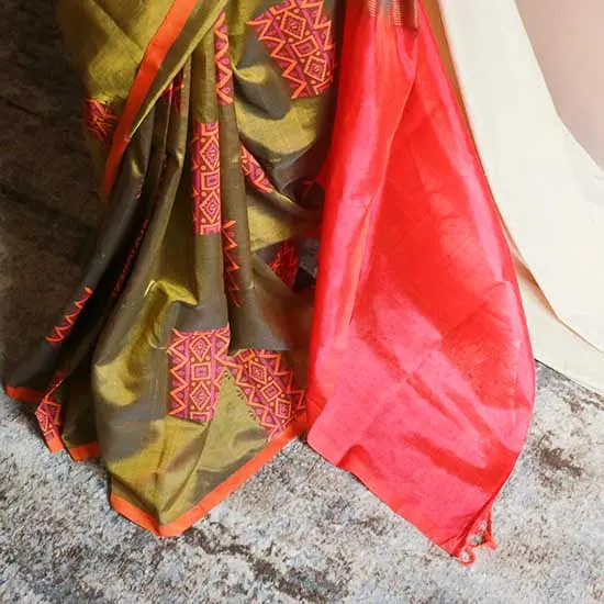 76_33c91a77-6c86-40d0-adec-cf50e2405eec Pure Handloom Olive Green and Orange Silk Cotton Saree