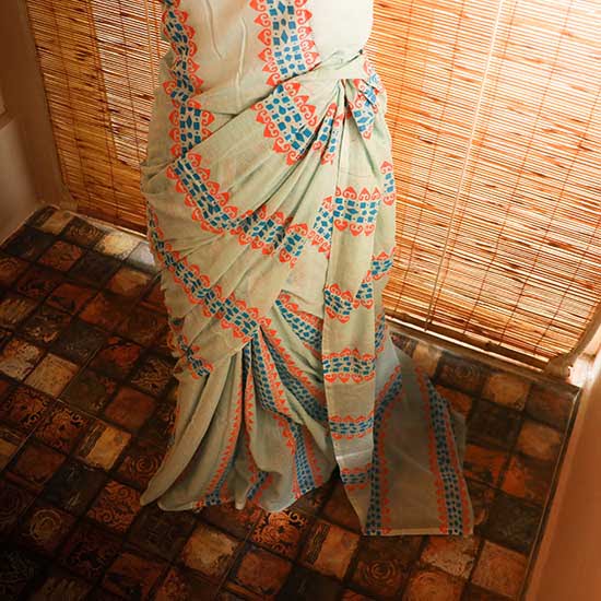 Sky blue colour designer Mul cotton saree