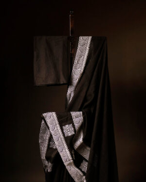 Black with White Printed Kota Cotton Saree, Close up